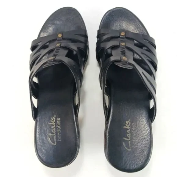 Clarks Bendables Women's Black Leather Strappy Slip- On Sandals Size 7 - Picture 5 of 13